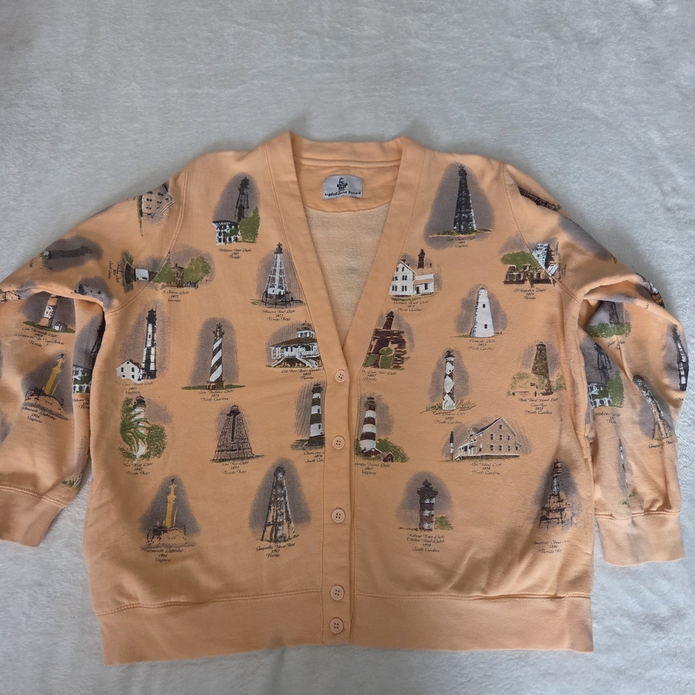 Vintage 1990s Lighthouse Point Peach Graphic Print  Cardigan Sweater‎ Sz Medium